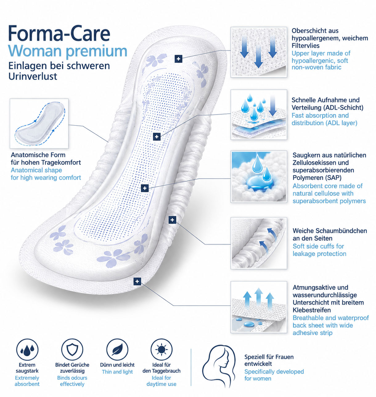 Forma-Care Woman premium Einlagen für starken Urinverlust sind anatomisch geformt. Sie bieten schnelle Aufnahme, eine weiche Ober- und Unterseite, sowie saugfähige Materialien für hohen Tragekomfort und Sicherheit.