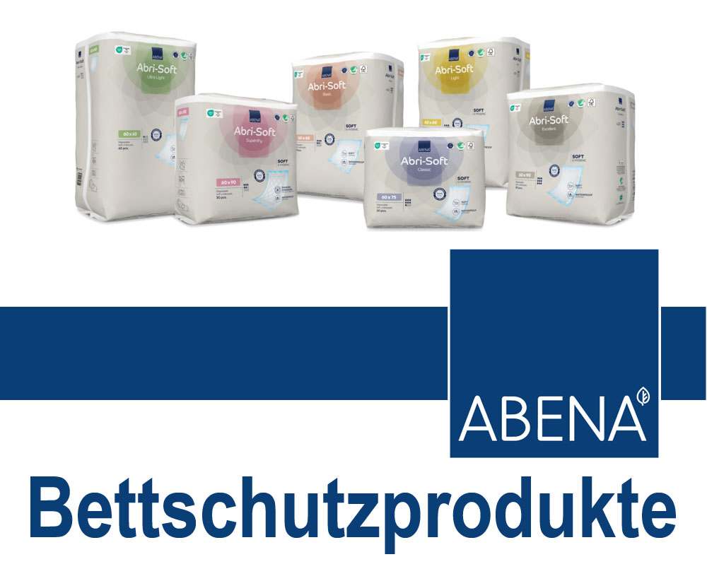 Sechs Verpackungen von Abri-Soft Bettenschutzprodukten in verschiedenen Größen und Absorptionseigenschaften sind auf einem weißen Hintergrund angeordnet. Unten steht der Schriftzug -ABENA Bettschutzprodukte- in blauer Schrift.