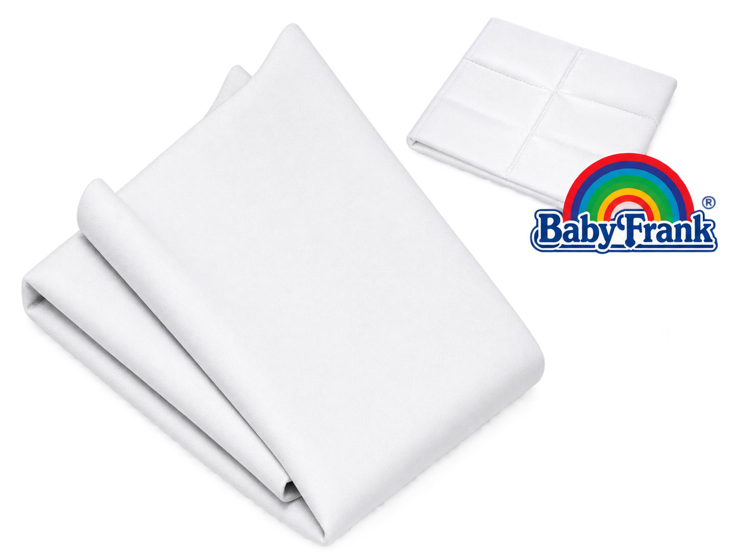 Zwei weiße Stoffstücke sind sichtbar, eines gefaltet und das andere leicht gerollt. Daneben befindet sich ein kleiner gefalteter Stoff und das Logo -BabyFrank®- mit einem Regenbogen.