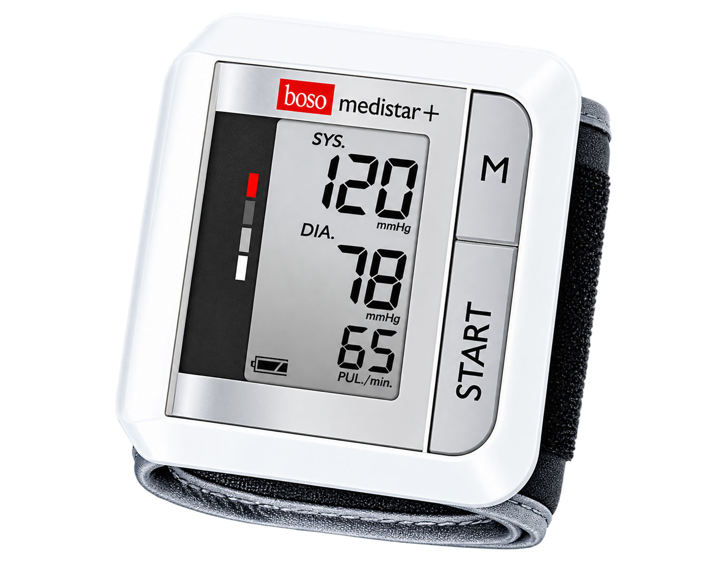 Ein Blutdruckmessgerät mit einem weißen Gehäuse zeigt Werte an: systolisch 120 mmHg, diastolisch 78 mmHg und Puls 65/min. Auf der linken Seite befindet sich die Taste -START-, das Gerät ist am Armankersystem befestigt.