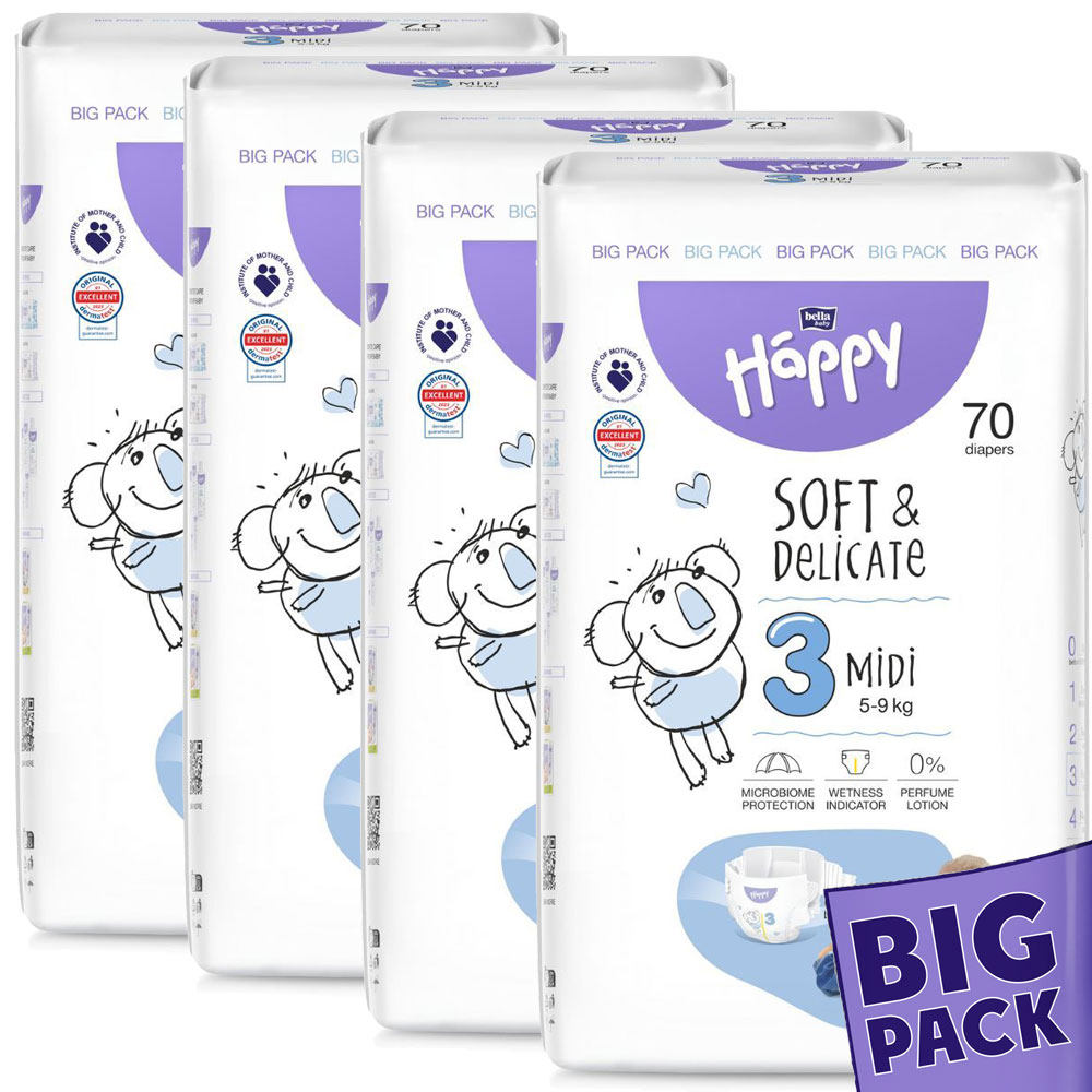 Bella Happy Soft & Delikate Gr. 3 - Babywindeln Midi 5-9 kg 280 (4x70) Stück BIGpack
