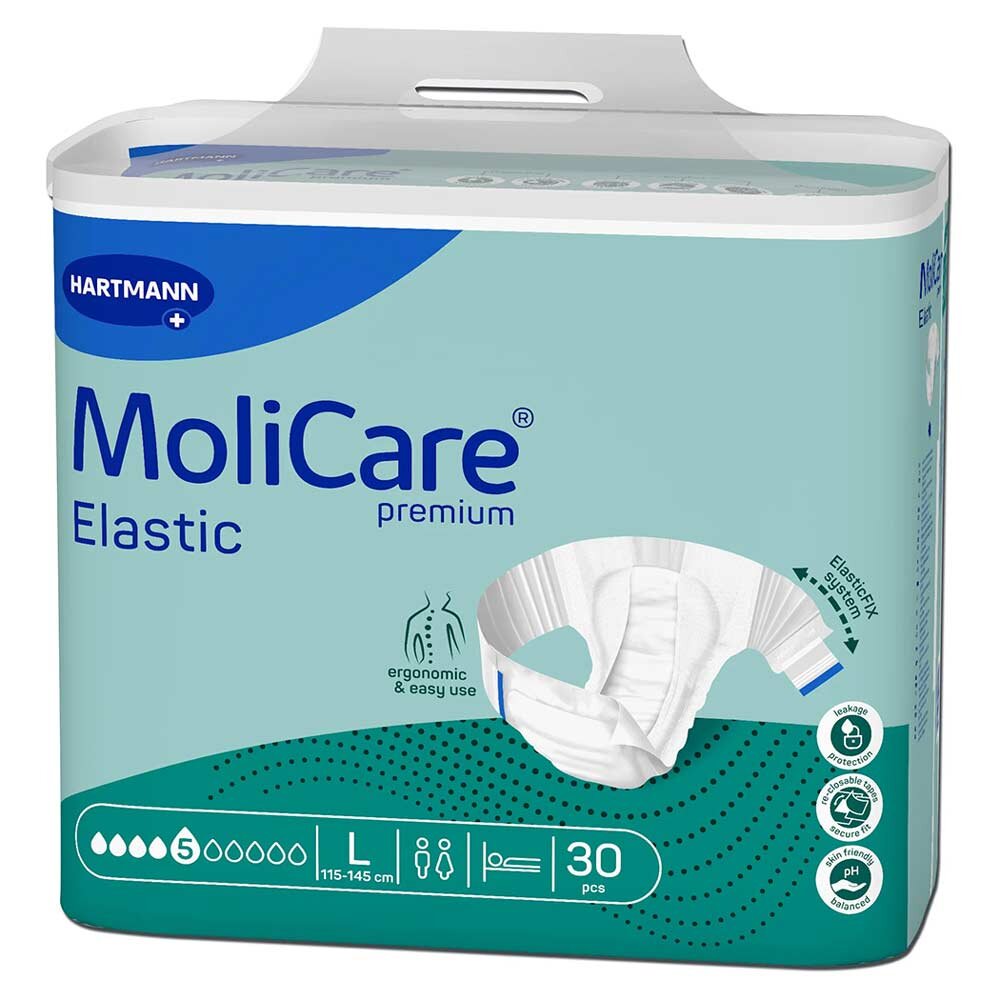 MoliCare Elastic Premium Verpackung zeigt eine grüne Box mit blauem Deckel. Auf der Vorderseite sind das Produktlogo, die Größe L (115-145 cm) und Hinweise zur ergonomischen Nutzung sowie 30 Stück angegeben.