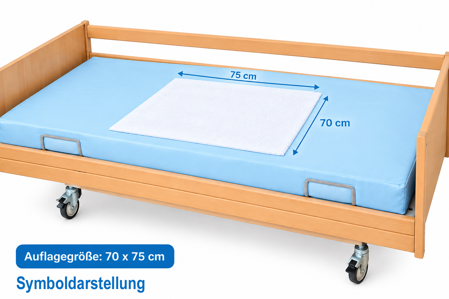 Ein Pflegebett mit einer blauen Matratze und einem weißen Auflagentuch darauf. Die Abmessungen des Auflagentuchs sind 70 x 75 cm. Es gibt an einer Seite eine Haltegriff. Der Hintergrund ist weiß. Text: -Auflagegröße: 70 x 75 cm- und -Symboldarstellung-.