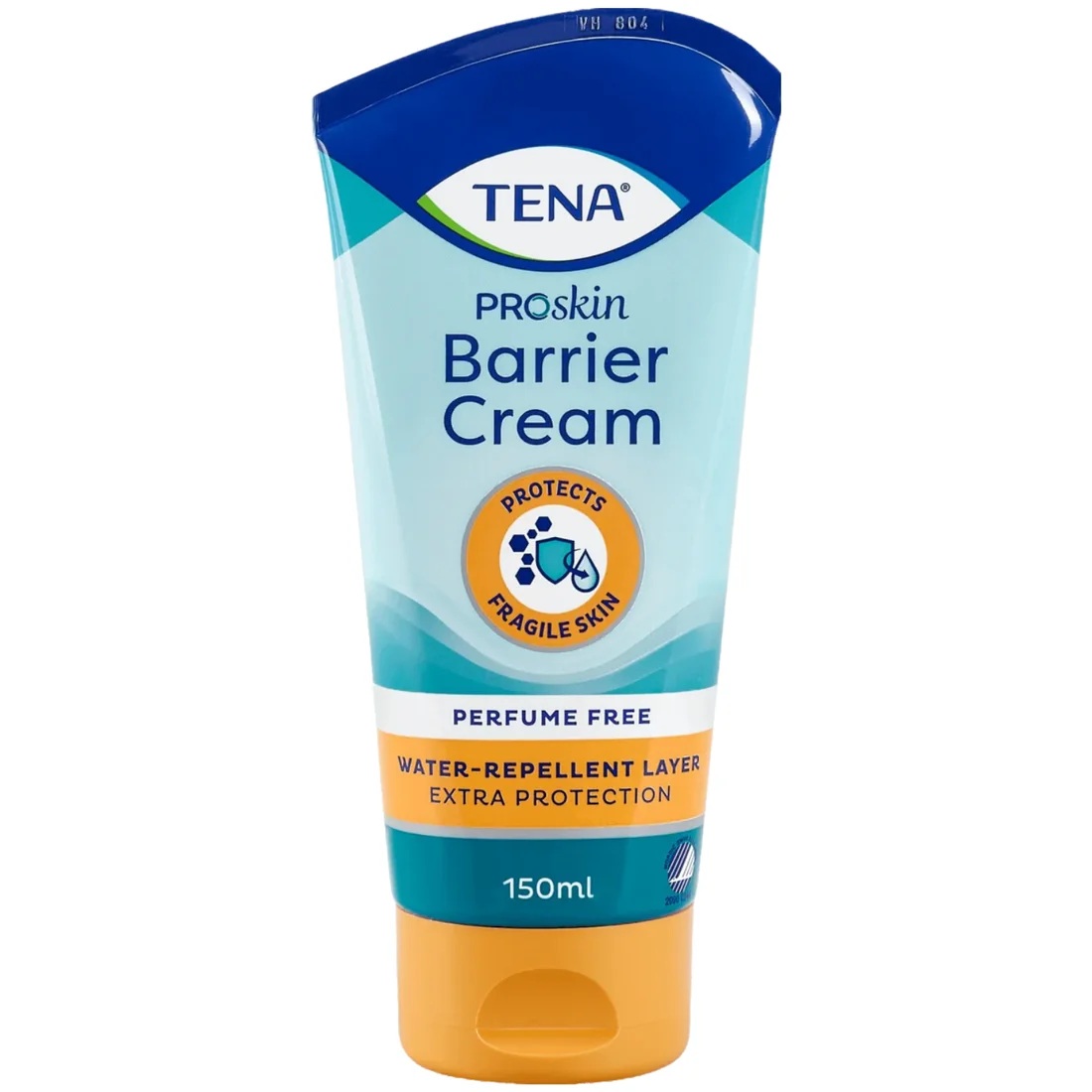 Tube mit Barrier Cream von TENA, zeigt eine hellblaue Verpackung. Aufschrift -PROSKIN Barrier Cream-, -parfümfrei-, -water-repellent layer-, -extra protection- und Inhalt von 150 ml.