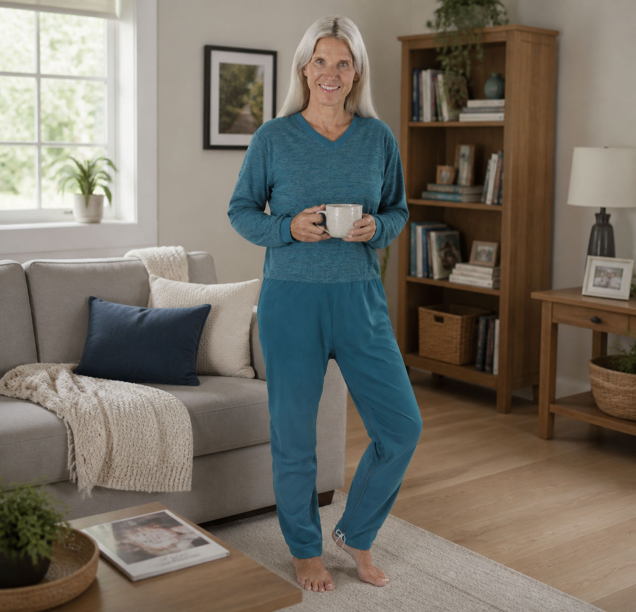Eine lächelnde Frau mit langen grauen Haaren steht in gemütlicher Kleidung, hält eine Tasse in den Händen und steht in einem hellen Wohnzimmer mit einem Sofa und Bücherregal.