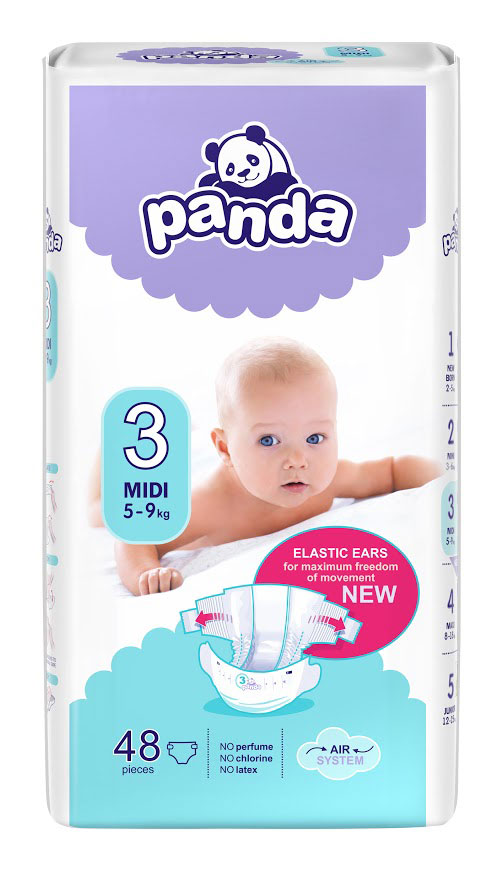 Die Verpackung zeigt eine Babywindel der Marke -panda-. Die Windel ist für ein Gewicht von 5-9 kg vorgesehen und enthält 48 Stück. Sie hebt elastische Ohren für maximale Bewegungsfreiheit hervor sowie die Merkmale -ohne Parfum, ohne Chlor und ohne Latex-.