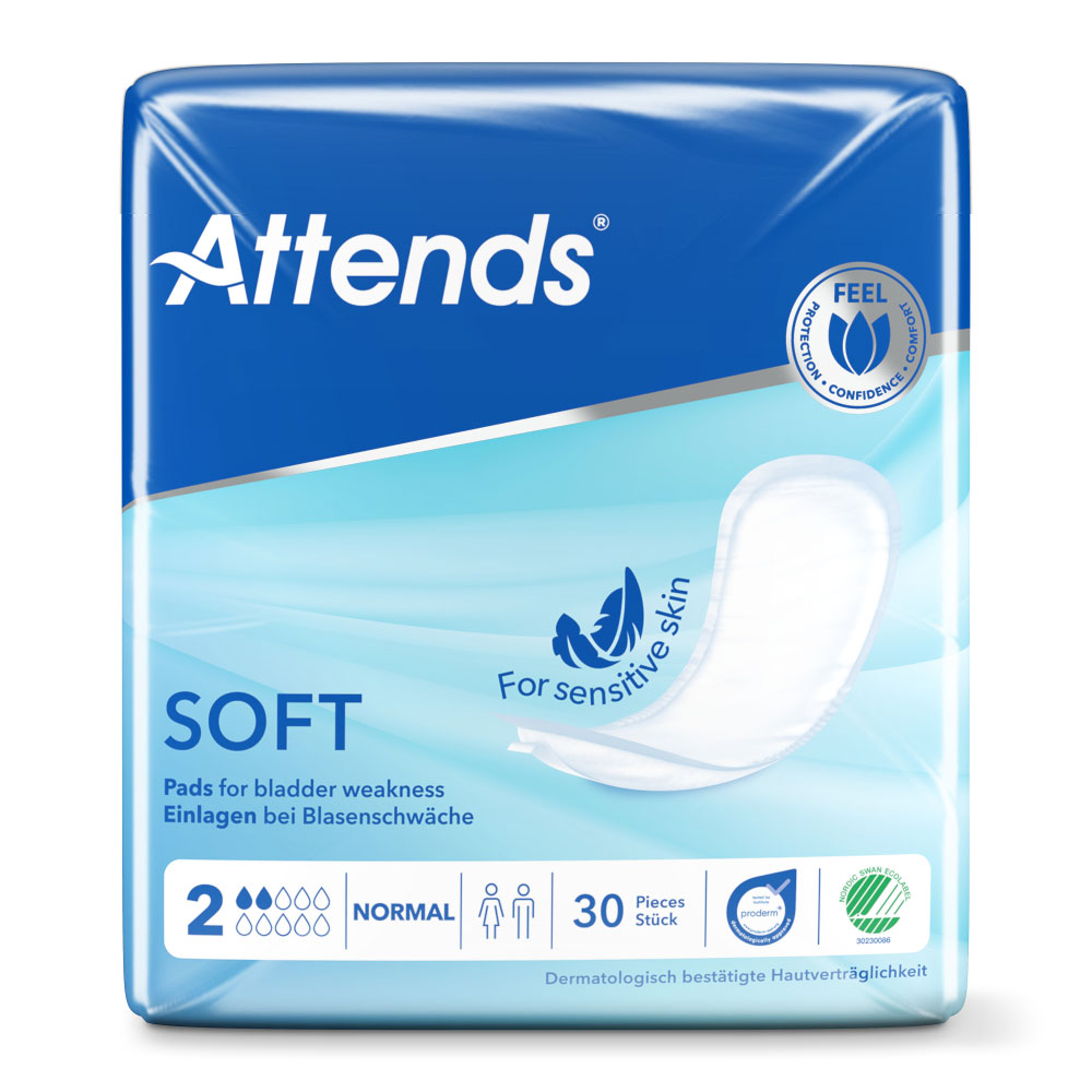 Attends Einlagen für Blasenschwäche, verpackt in einer blauen Plastikhülle. Die Packung zeigt den Schriftzug -SOFT- und Informationen über Hautverträglichkeit. Enthält 30 Stück und ist für empfindliche Haut geeignet.