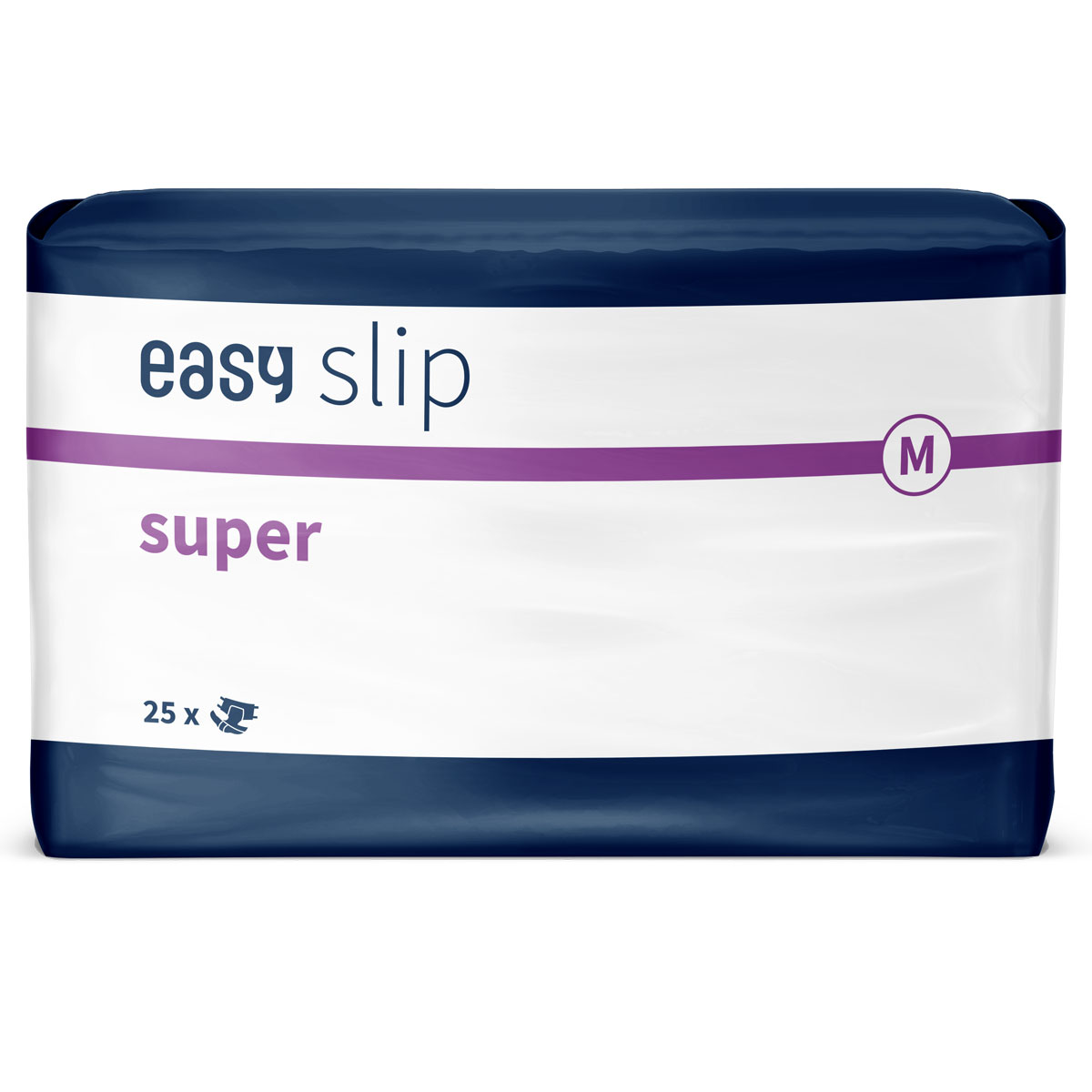 Energieeffizient verpackte medizinische Inkontinenzprodukte in einer weißen Verpackung mit einem blauen oberen Rand. Die Aufschrift -easy slip super- und die Menge -25 x- sind gut sichtbar.