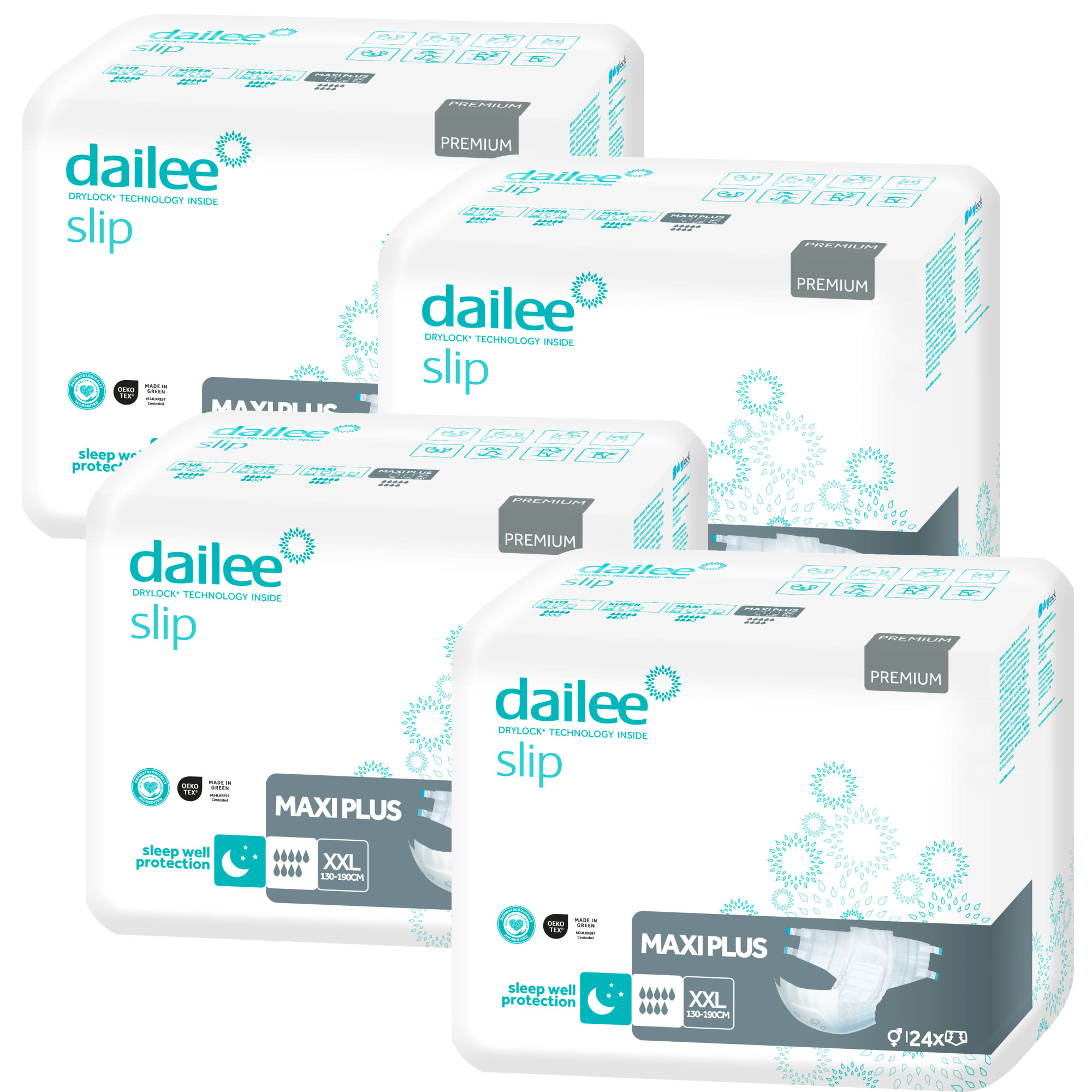 Vier Packungen Dailee Slip Maxi Plus stehen nebeneinander. Jede Verpackung ist überwiegend weiß mit türkisfarbenen Akzenten, zeigt das Logo sowie Text über die Produkteigenschaften und -größe.