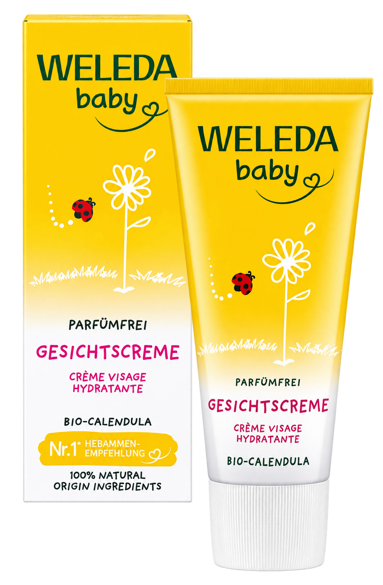Gelbe Verpackung und Tube mit der Aufschrift -Weleda baby- und -parfümfrei Gesichtscreme-. Die Creme enthält Bio-Calendula und ist für Babys geeignet. Neben einer Blume und einem Marienkäfer ist -Nr. 1 Hebammen-Empfehlung- zu sehen.