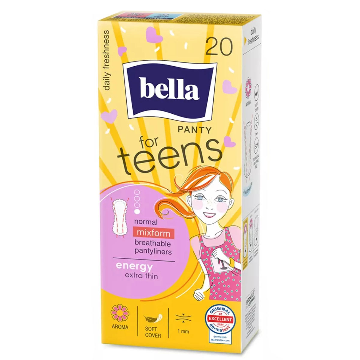 Eine Verpackung mit 20 Pantylinern für Teens in leuchtendem Gelb. Die Vorderseite zeigt eine stilisierte Illustration eines Mädchens. Informationen zu Produktmerkmalen wie -extra dünn- und -atmungsaktiv- sind hervorgehoben.