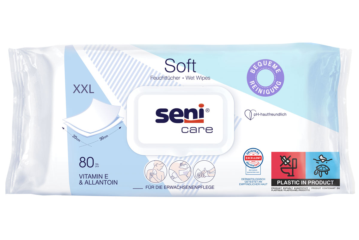 Feuchttücher in einer Packung mit einem großen -seni care- Logo. Die Verpackung zeigt die XXL-Größe, 80 Stück, sowie Inhaltsstoffe wie Vitamin E und Allantoin. In blau gehalten, mit Hinweisen zur Anwendung.