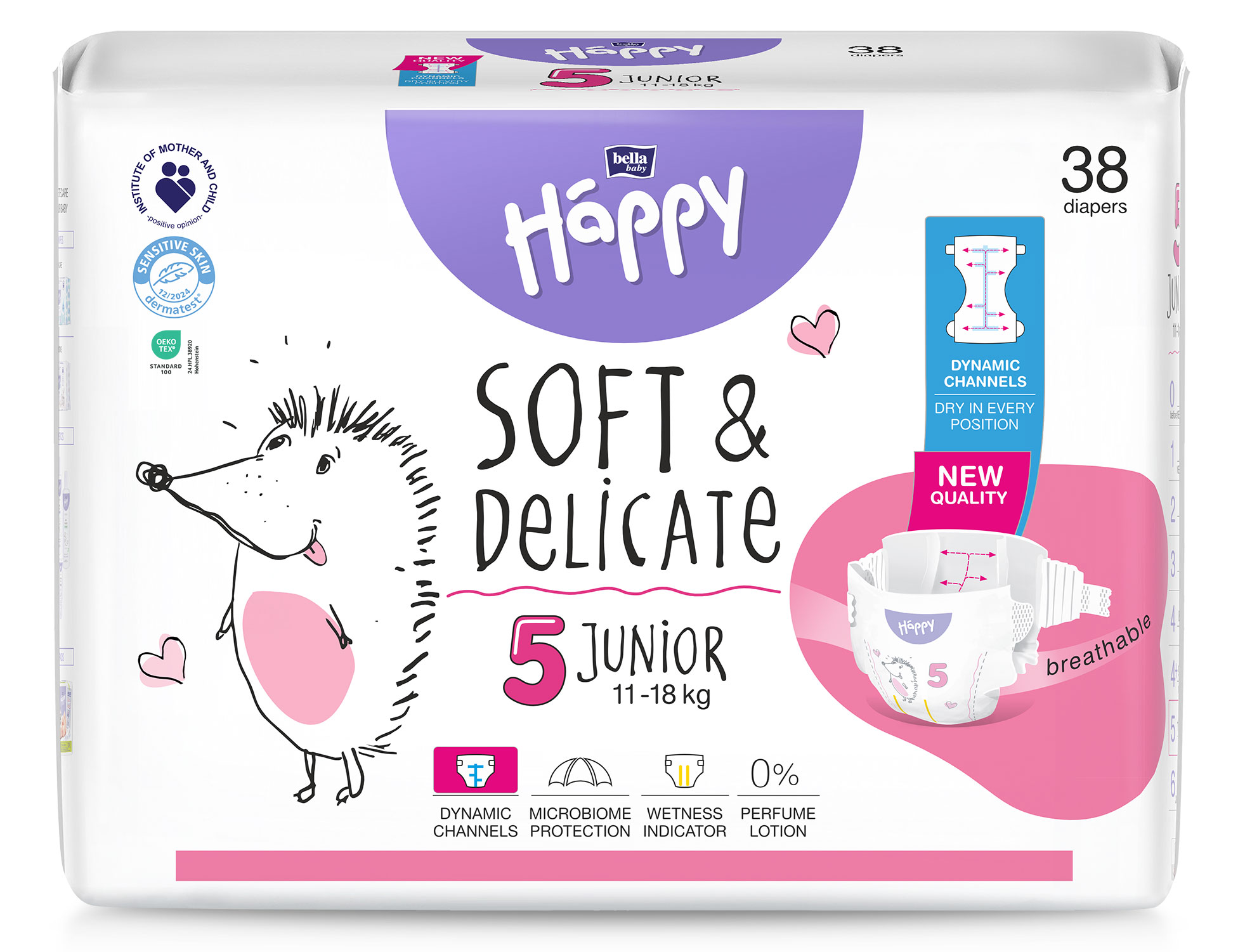 Eine Packung Windeln mit 38 Stück, die die Aufschrift -Happy Soft &amp; Delicate- trägt. Auf der Verpackung ist ein gezeichneter Igel abgebildet. Es sind Angaben zur Größe 5 und dem Gewicht von 11-18 kg zu sehen.