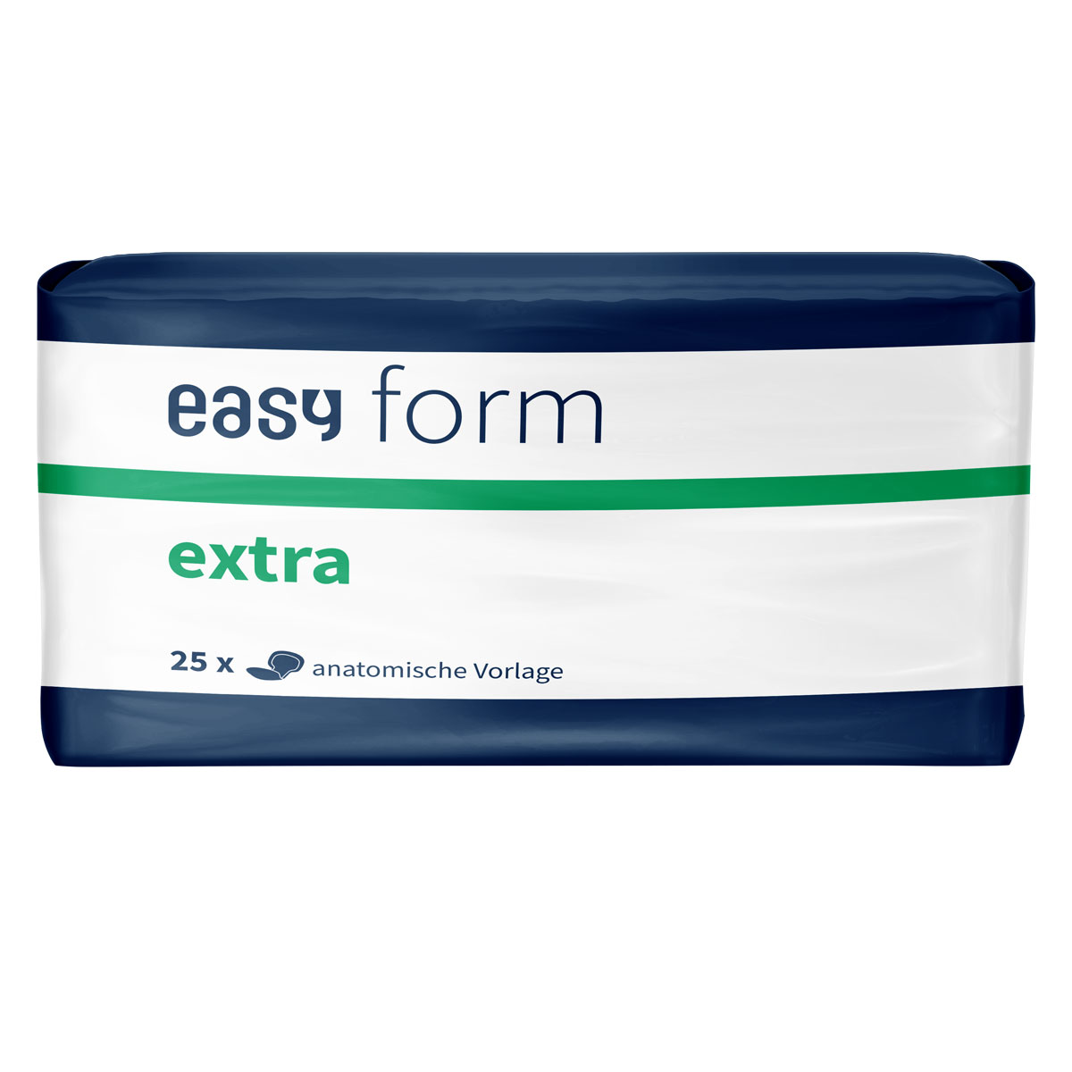 Ein Packungsdesign für anatomische Vorlagen mit der Bezeichnung -easy form extra-. Die Packung enthält 25 Stück und hat ein blau-weißes Farbschema mit grünem Akzent.