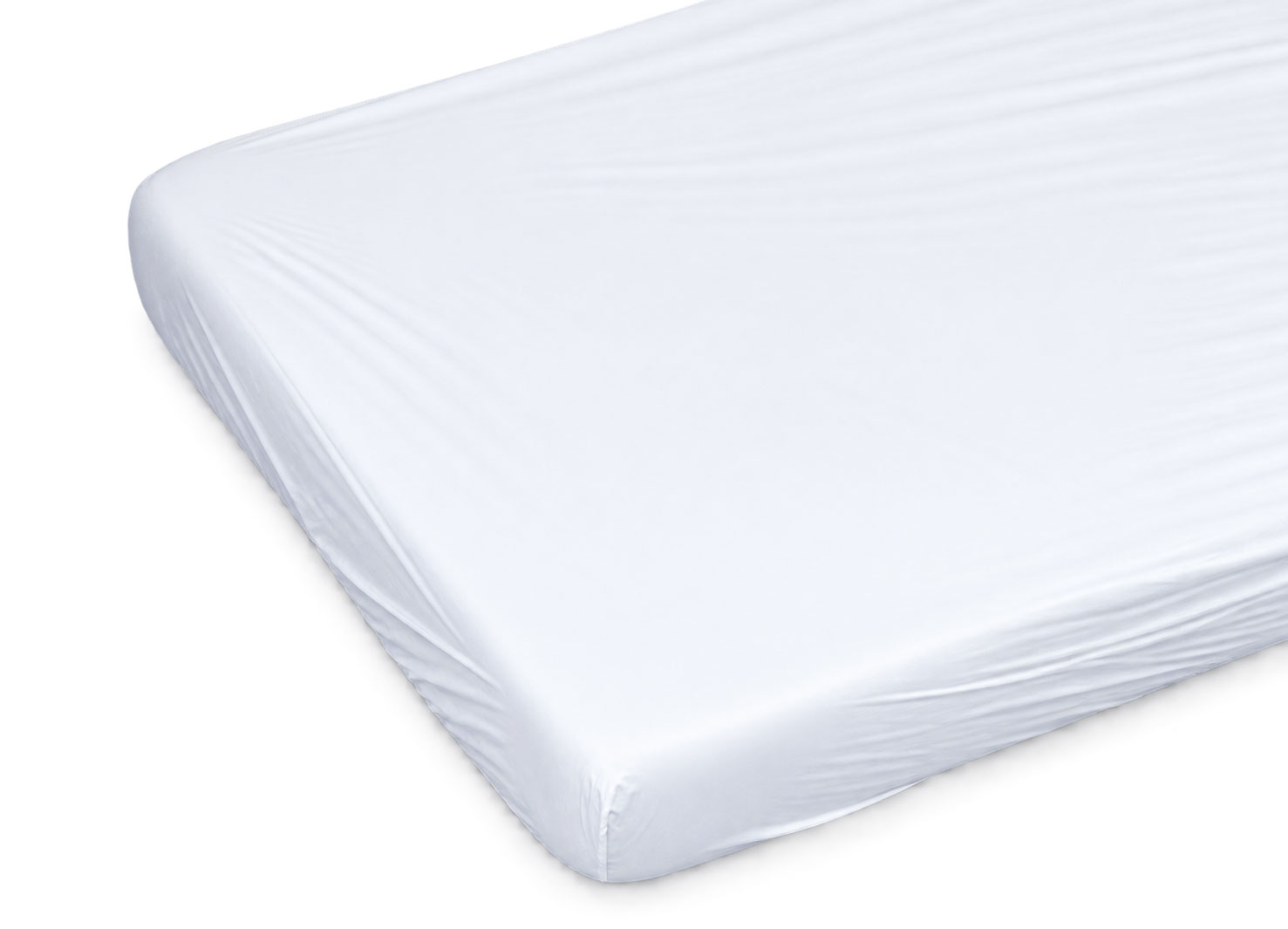 Fitted sheet in pure white, snugly covering the corner of a mattress. The surface is smooth with slight wrinkles, set against a plain background for a clean appearance.