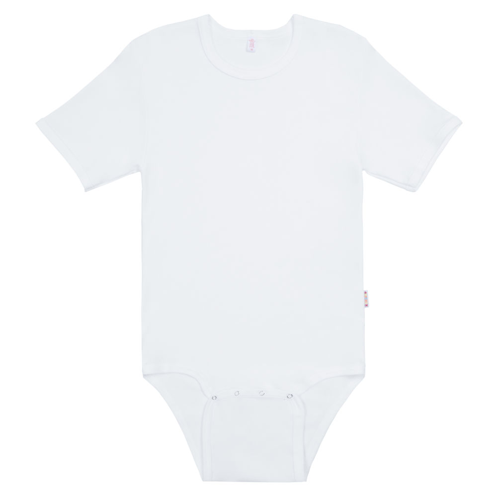 Ein weißes Babybodysuit mit kurzen Ärmeln. Es hat einen runden Ausschnitt und Druckknöpfe im Schritt. Der Hintergrund ist ein einfarbiges Weiß, wodurch das Produkt gut sichtbar ist.