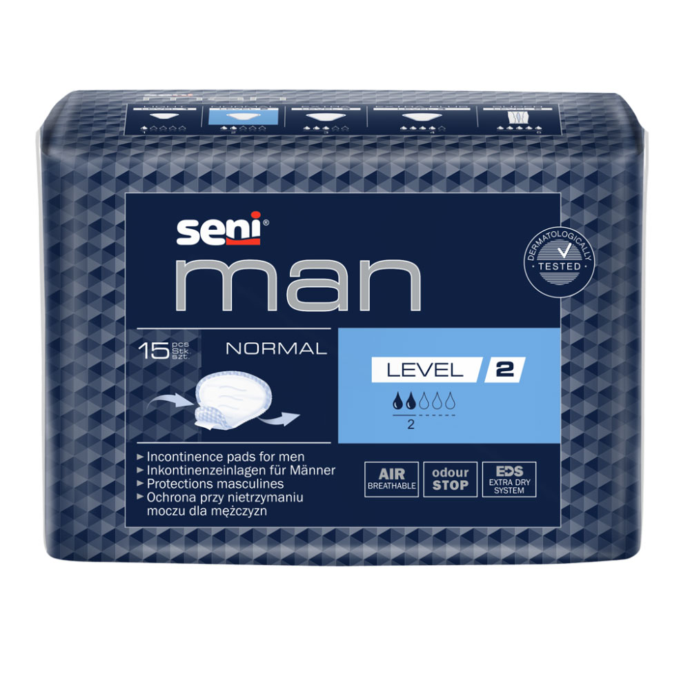 Eine Packung mit Inkontinenzeinlagen für Männer, markiert als -seni man Normal Level 2-, enthält 15 Stück. Das Design ist blau mit weißen und hellblauen Akzenten, Informationen sind mehrsprachig.