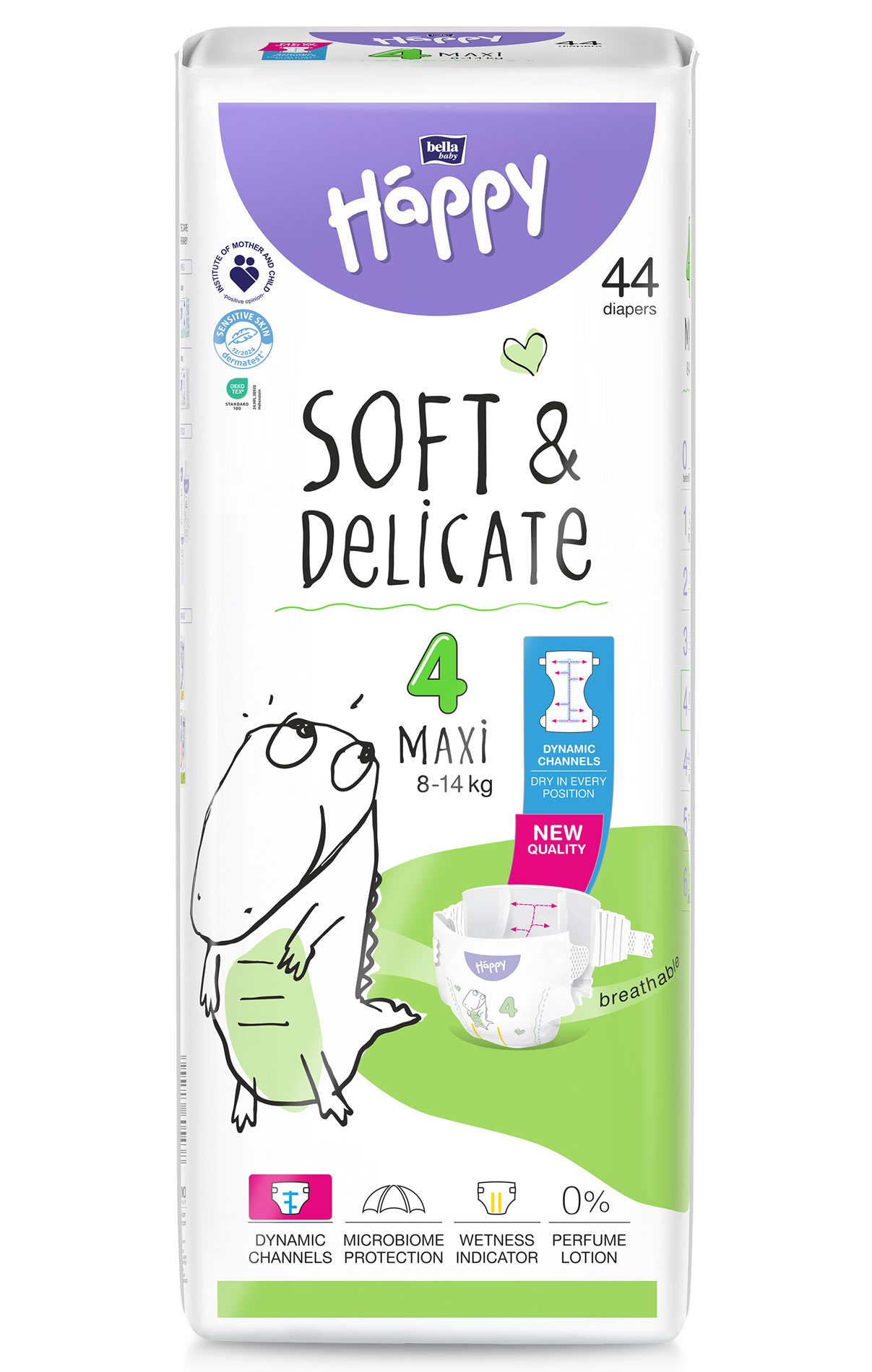 Packung mit 44 Windeln in der Größe 4 (Maxi) für Babys von 8-14 kg. Die Verpackung zeigt ein freundliches Design mit einer Zeichnung eines Tieres, sowie Eigenschaften wie -dynamische Kanäle- und -Nassindikator-.