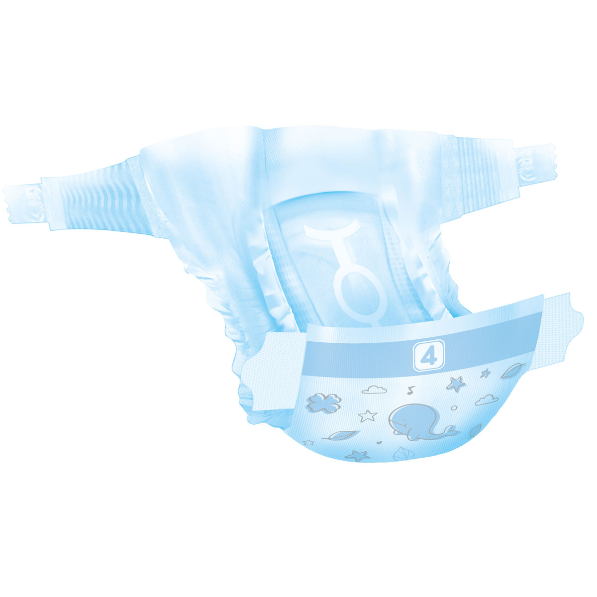 Eine blaue Babywindel der Größe 4 ist abgebildet. Sie hat einen weichen, flexiblen Gürtel und ist mit niedlichen Mustern von Wolken und Walen verziert. Der Hintergrund ist weiß.