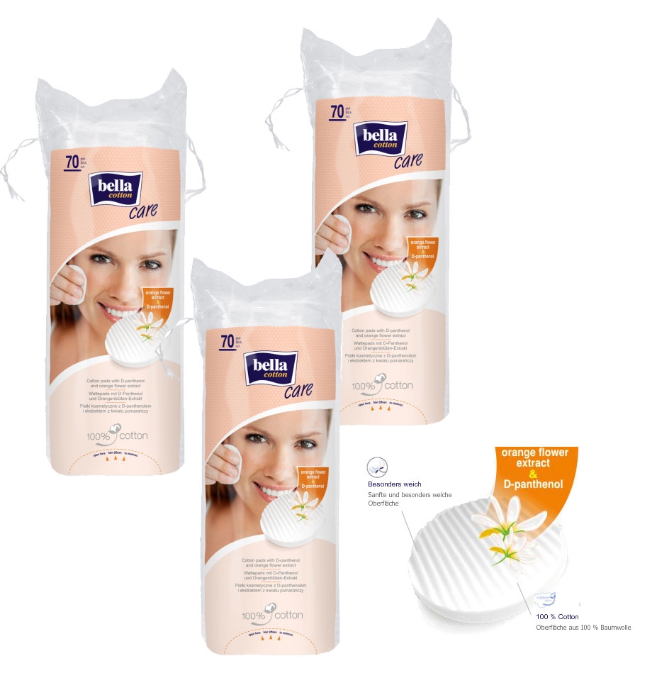Bella Cotton Duo-Wattepads mit D-Panthenol und Orangenblüten-Extrakt im Vorteilspack - 3x70 Stück