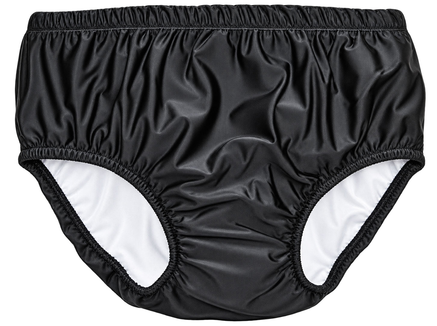 Schwarze Schwimmwindel aus dehnbarem Material, mit elastischen Bündchen an der Taille und den Beinen. Innenseite in Weiß, präsentiert vor einfachem Hintergrund.