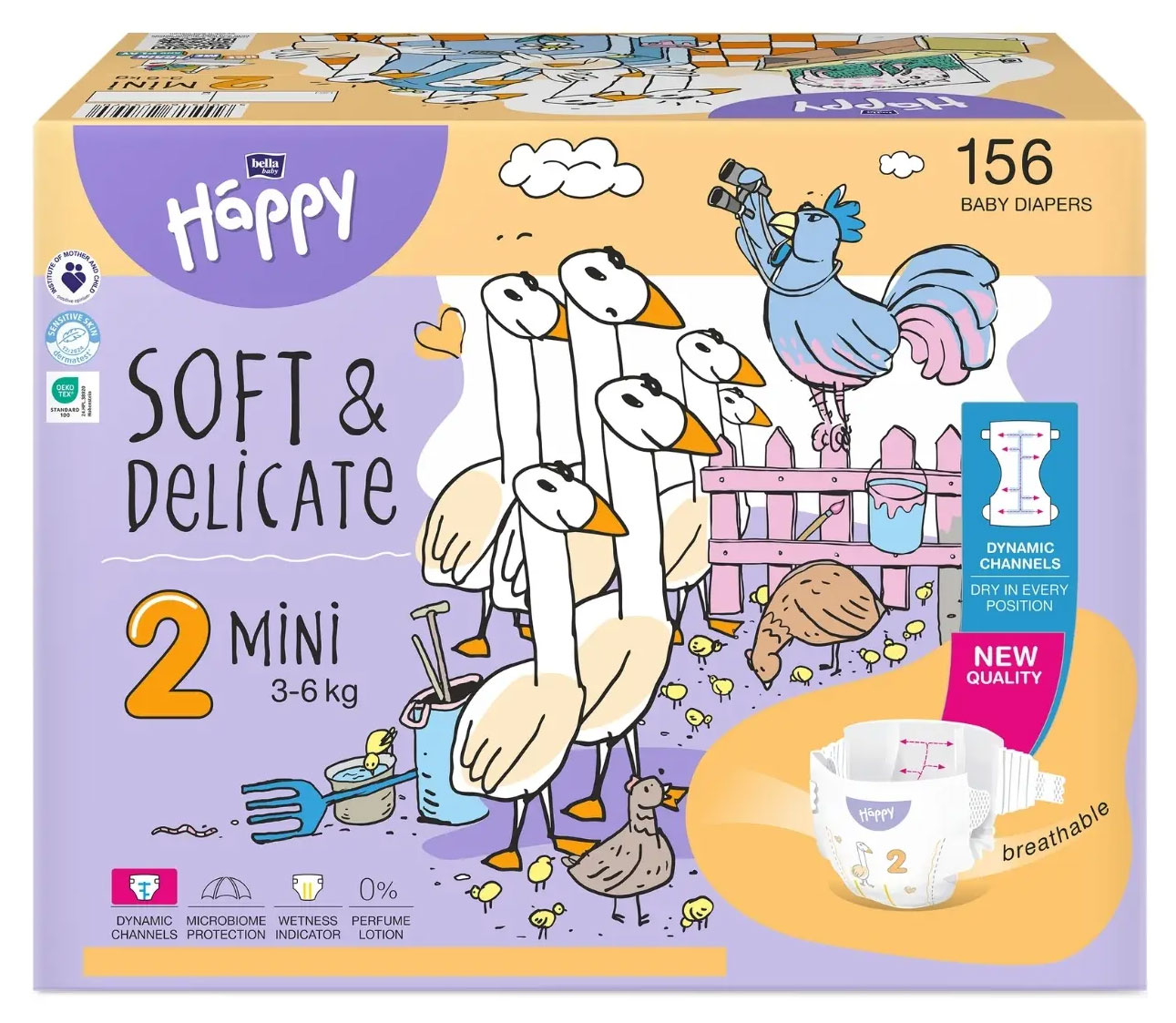 Eine Verpackung mit 156 Babywindeln wird gezeigt. Sie hebt die Eigenschaften -weich und empfindlich- hervor, mit Illustrationen von Vögeln und einem Zaun. Es sind Hinweise zu Funktionen wie -dynamische Kanäle- zu sehen.