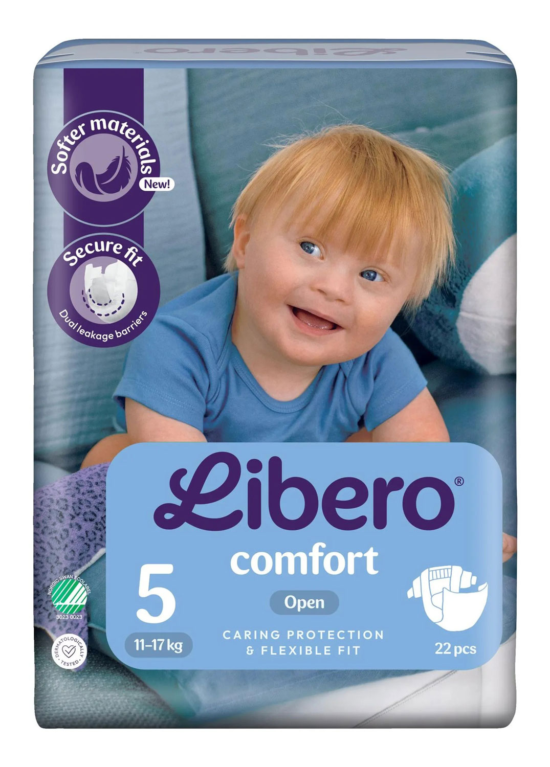 Eine Verpackung von Libero Windeln (Größe 5, für 11-17 kg) ist abgebildet. Darauf lächelt ein Kleinkind. Die Windel hat -softer materials- und -secure fit- als Hauptmerkmale. Der Hintergrund ist hellblau.