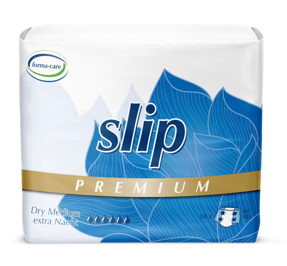 Eine Packung Inkontinenzprodukte mit dem Namen -slip PREMIUM- in blauer und goldener Schrift. Die Verpackung zeigt blattartige Muster auf weißem Hintergrund. Textelemente beinhalten -Dry Medium extra Nacht- und -18 Stück-.