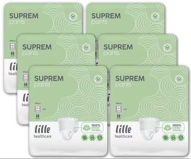 Sechs Packungen Suprem Pants von Lille Healthcare sind übereinander gestapelt. Jede Packung ist grün und enthält Informationen über die Größe (Small), Menge (14 Stück) und spezielle Merkmale.