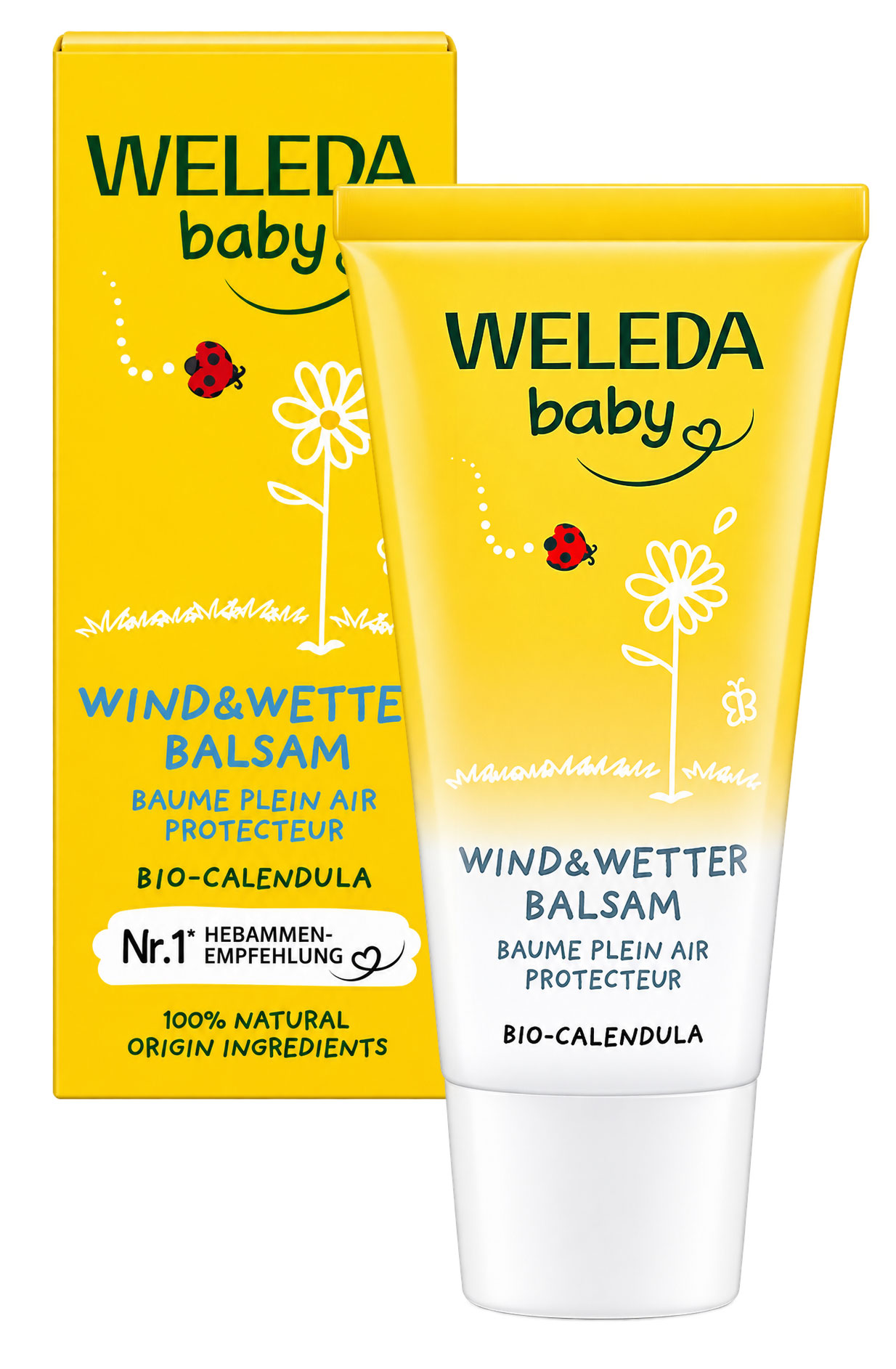 Gelbe Tube mit Balsam für Babys, verpackt in einer passenden Box. Aufschrift: -WELEDA baby WIND&amp;WETTER BALSAM- sowie -Nr.1 HEBAHMEN- EMPFEHLUNG-. Enthält Bio-Calcium und 100% natürliche Inhaltsstoffe.