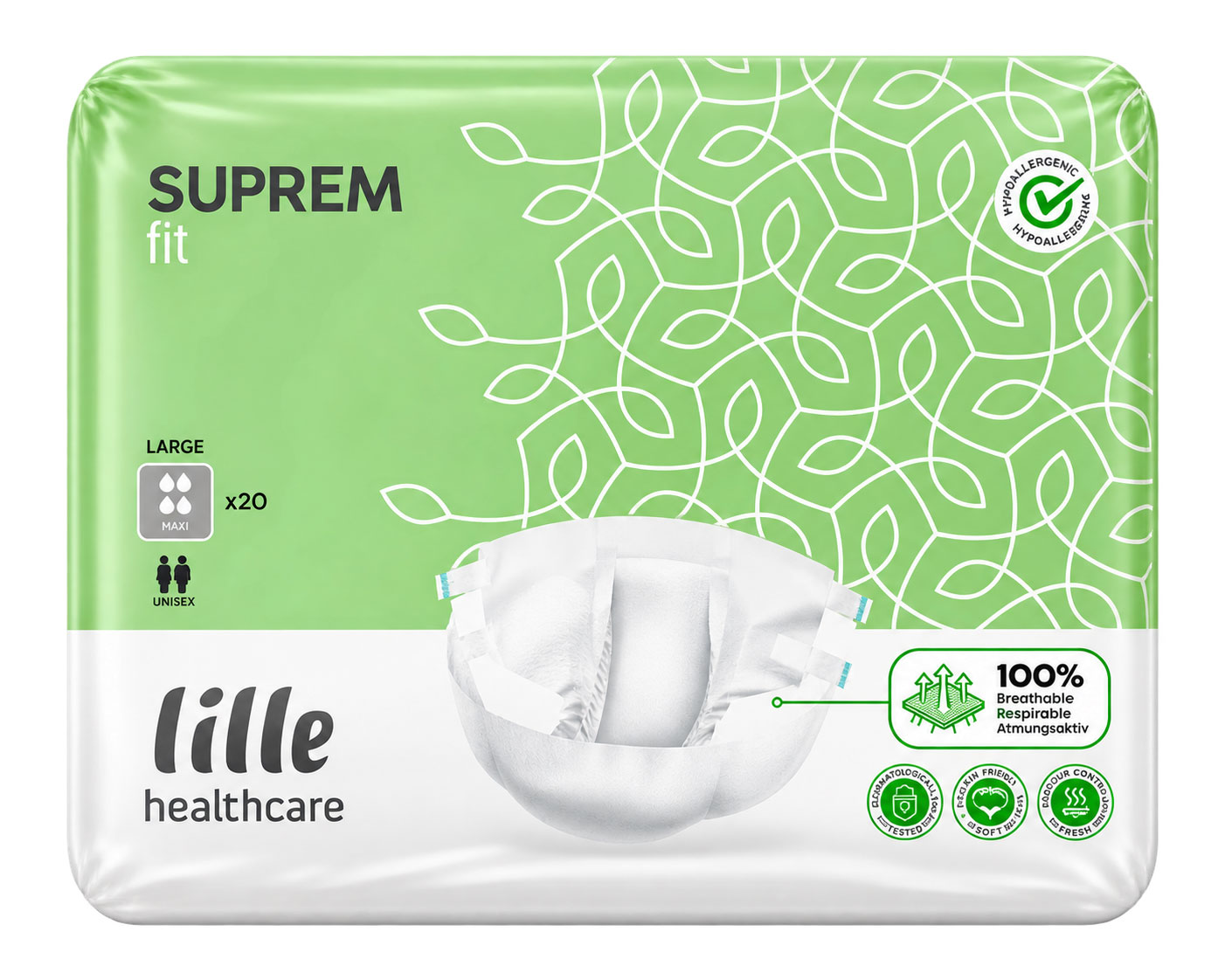Verpackung für Windeln in grünem Design. Sie zeigt die Marke -lille healthcare-, die Produktbezeichnung -SUPREM fit- und Informationen zu Größe, Menge (20 Stück) sowie hypoallergenen Eigenschaften.