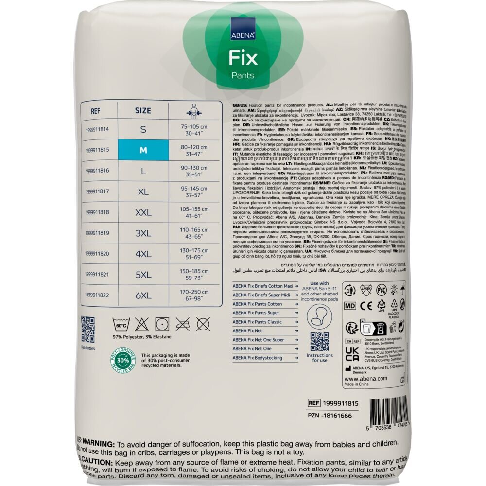 Fixierhosen von ABENA in der Größe M, mit Maßangaben, Pflegehinweisen und Warnhinweisen auf der Verpackung. Die Primärfarbe ist Weiß, und die Auflistung umfasst verschiedene Größen.