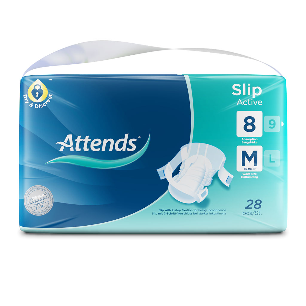 ATTENDS Slip Active 8 - Medium (M) Inkontinenzwindeln 112 (4x28) Stück ATTENDS Slip Active 8 - Medium (M) Inkontinenzwindeln 112 (4x28) Stück