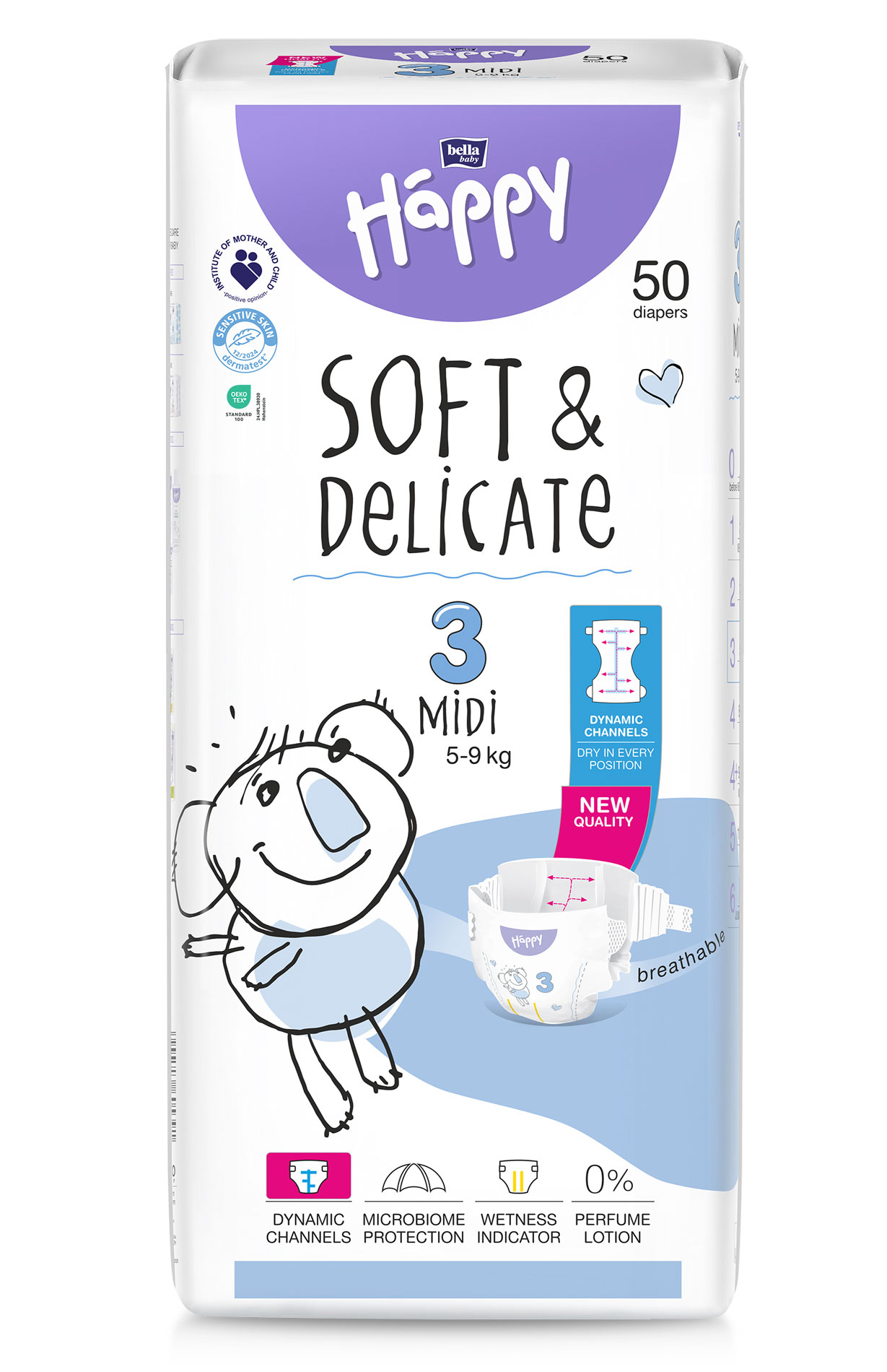 Eine Packung Windeln von Happy mit 50 Stück, Größe 3 (Midi, 5-9 kg). Die Verpackung zeigt ein niedliches gezeichnetes Koala-Motiv und Informationen zu den Produkten, wie trockene Positionen und Mikrobiomschutz.