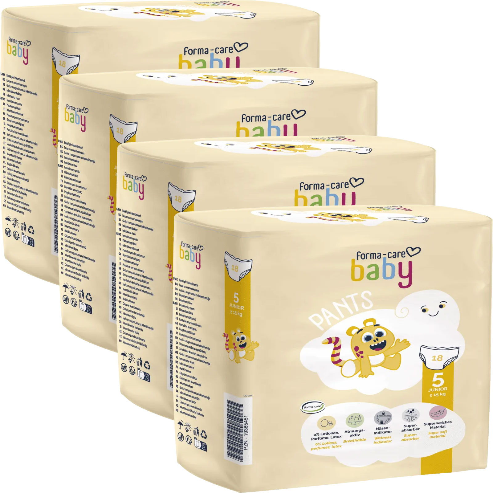 Vier Packungen von Forma-care Baby Pants, jeweils mit 18 Windeln für Babys im Junior-Bereich (5, 12-25 kg). Die Verpackungen sind in einem hellen Farbton mit bunten, kindgerechten Illustrationen.