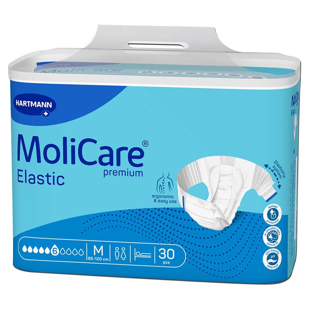 MoliCare Premium Elastic Packung in blau, zeigt eine Windel auf der Vorderseite. Enthält 30 Stück, Größe M (85-120 cm), mit Angaben zu ergonomischem Gebrauch und Eigenschaften.
