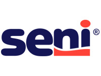 Seni-Logo in blauer Schrift mit einem roten Akzent. Das Design zeigt den Markennamen -seni- und ein stilisiertes Wellenmotiv in Rot. Der Hintergrund ist weiß.