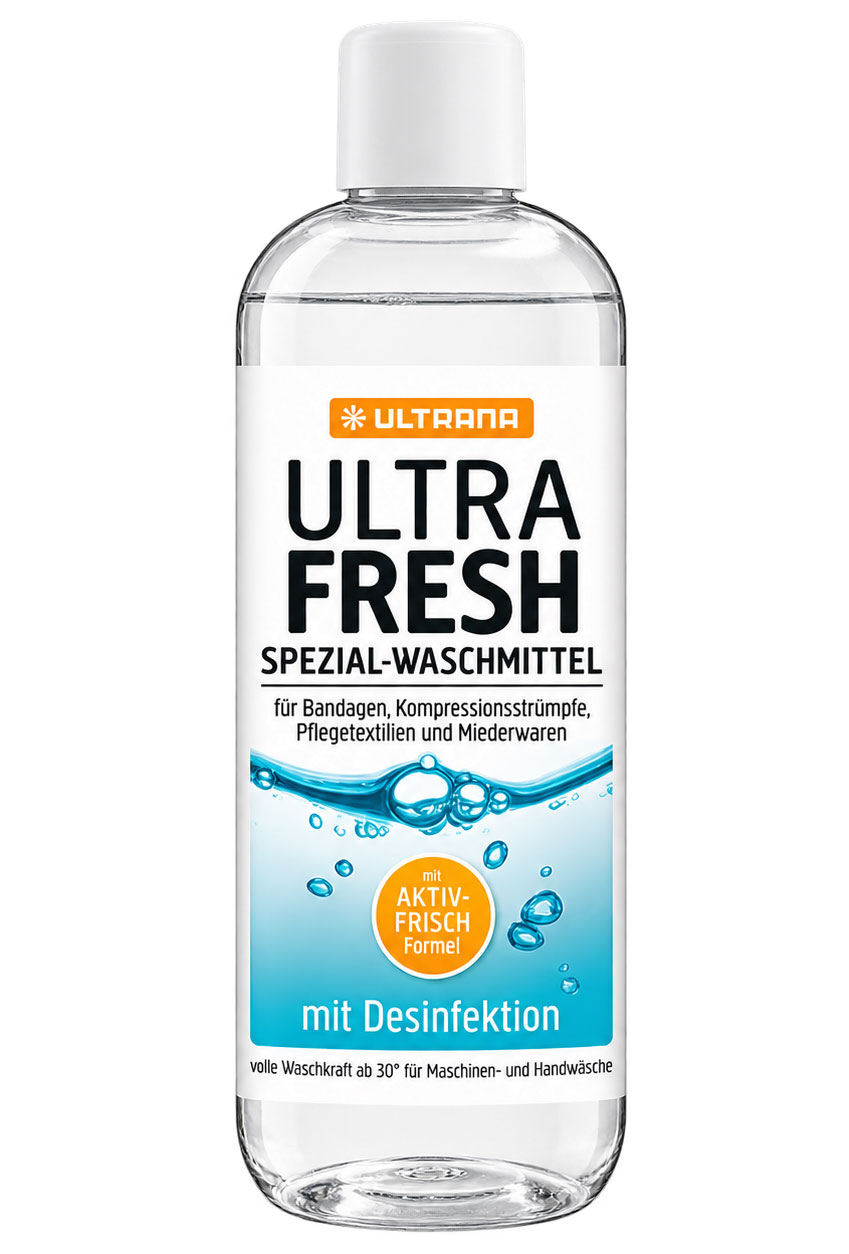 Eine durchsichtige Flasche mit einem weißen Deckel, gefüllt mit einem Waschmittel. Auf dem Etikett steht -ULTRA FRESH SPEZIAL-WASCHMITTEL- und enthält Informationen über die Verwendung bei Binden, Kompressionsstrümpfen und Pflegeartikel. Es wird auf die D