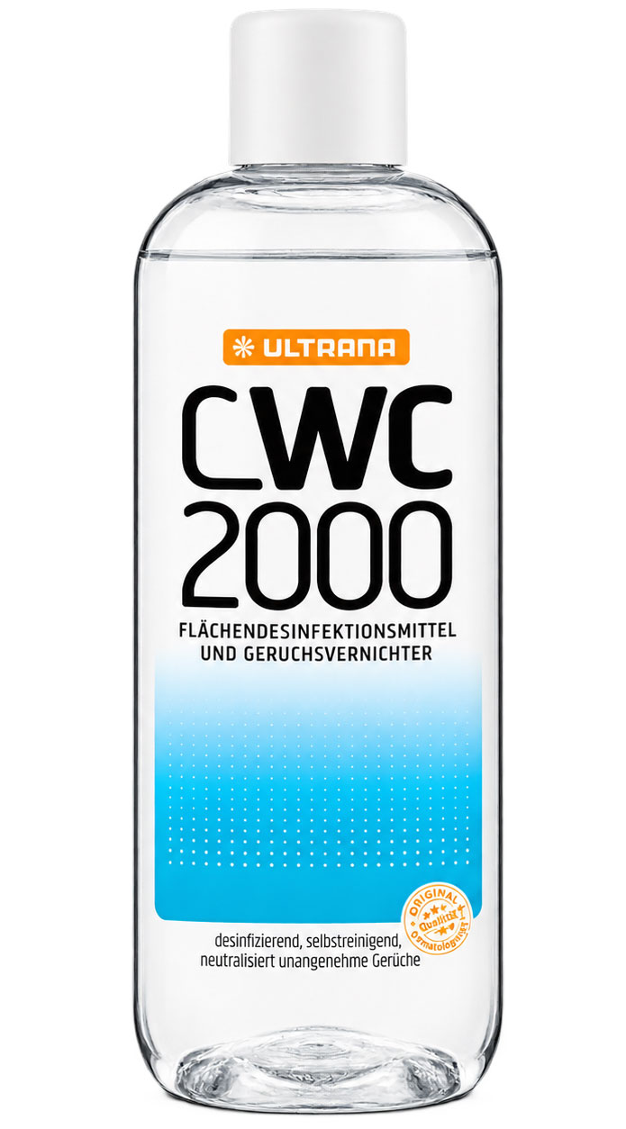 Eine durchsichtige Flasche mit einem weißen Deckel. Sie enthält ein flüssiges Desinfektionsmittel mit der Aufschrift -CWC 2000-. Das Produkt ist für die Desinfektion von Flächen und zur Geruchsneutralisation gedacht.