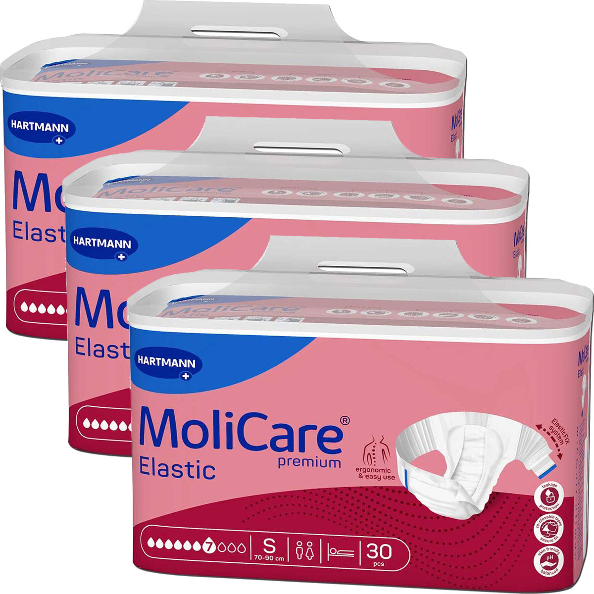 Drei Packungen MoliCare Elastic in rosa Verpackung, jede mit 30 Stück, sind angeordnet. Die Packungen zeigen Informationen über die Größe S (70-90 cm) und eine ergonomische Nutzung.