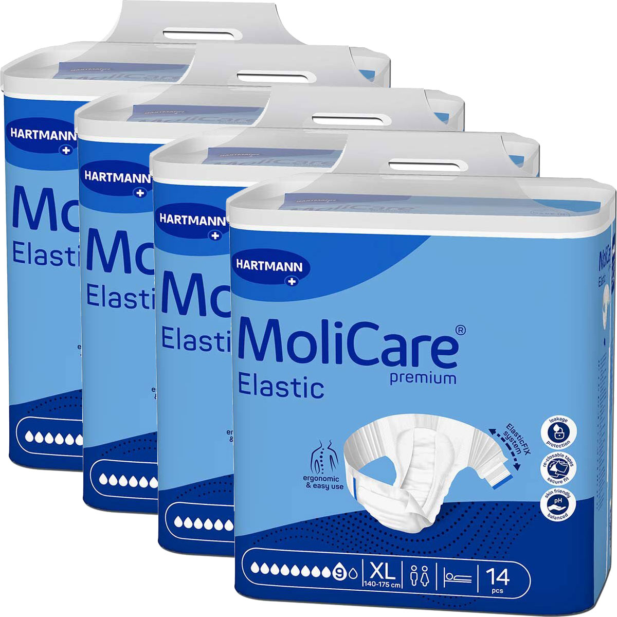 Vier Packungen MoliCare Elastic in blauer Verpackung. Jede Packung enthält 14 Stück. Die Marke Hartmann ist sichtbar, inklusive Informationen über die Größe (XL, 140-175 cm) und ergonomische Nutzung.