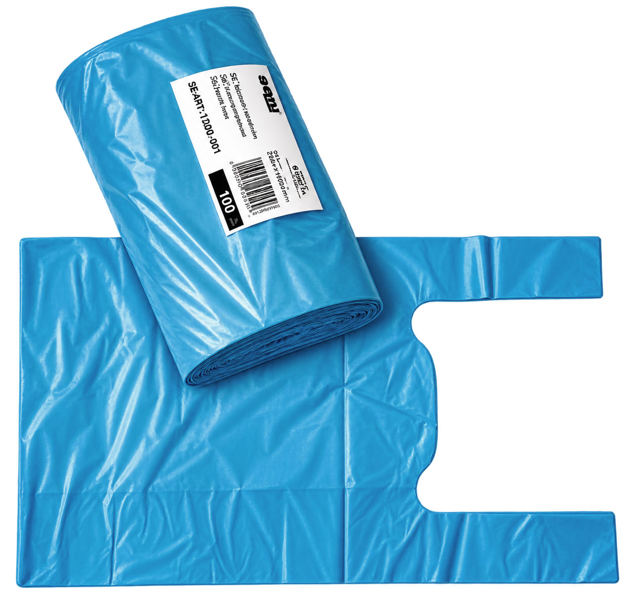 Ein blauer, gefalteter Polyethylenbeutel liegt flach auf einer Oberfläche, während eine Rolle mit weiteren blauen Beuteln geöffnet daneben positioniert ist. Auf der Rolle ist ein Etikett mit Produktinformationen sichtbar.