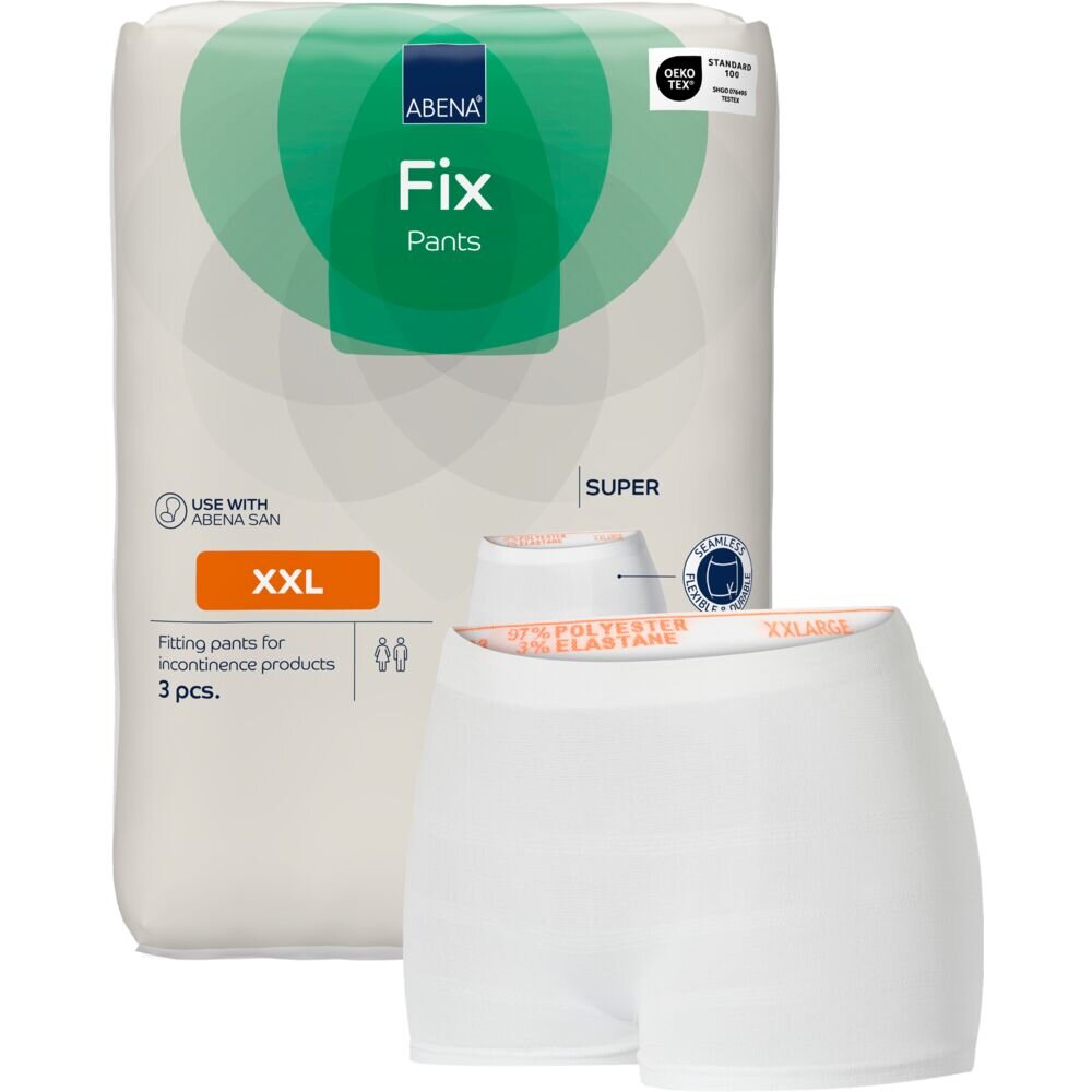 Fix-Pants in Größe XXL für Inkontinenzprodukte sind im Vordergrund zu sehen. Die Verpackung zeigt eine transparente Design und enthält drei Exemplare. Materialien sind Polyester und Elasthan.