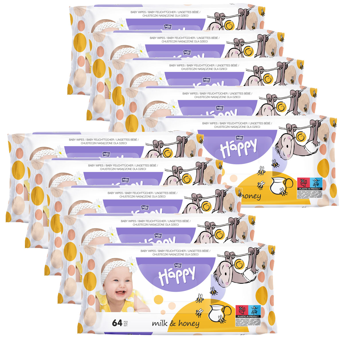 Sparpack - Bella Happy Feuchttücher Milch & Honig (10x 64 Stück )