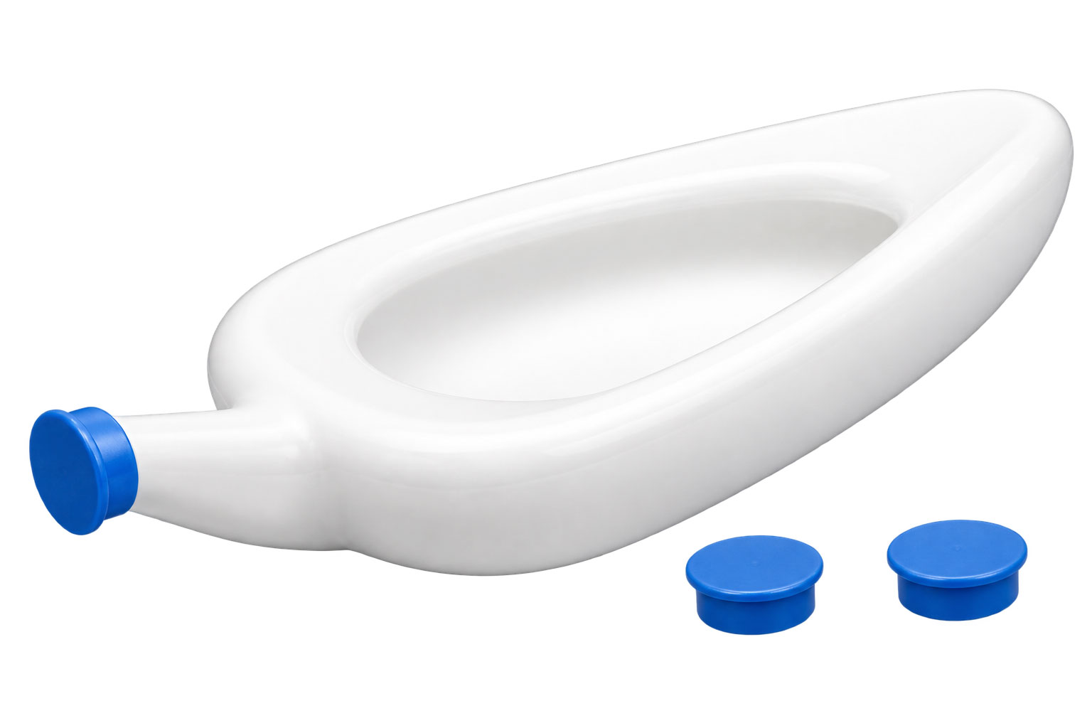 Ein weißer Urinal mit einem blauen Auslauf und zwei blauen Verschlüssen daneben. Das Objekt hat eine glatte Oberfläche und eine ergonomische Form. Der Hintergrund ist einfarbig und unauffällig.