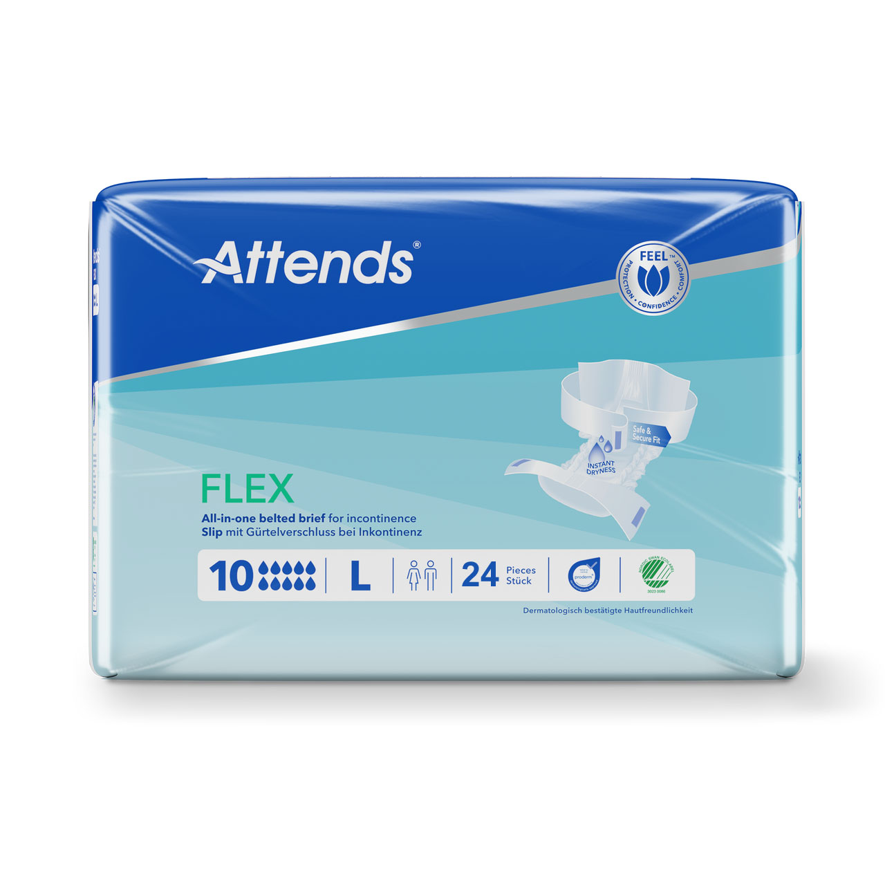 Attends FLEX, ein All-in-One-Gürtelbrief für Inkontinenz. Die Packung enthält 24 Stück der Größe L. Der Inhalt ist dermatologisch getestet und bietet Schutz und Sicherheit.