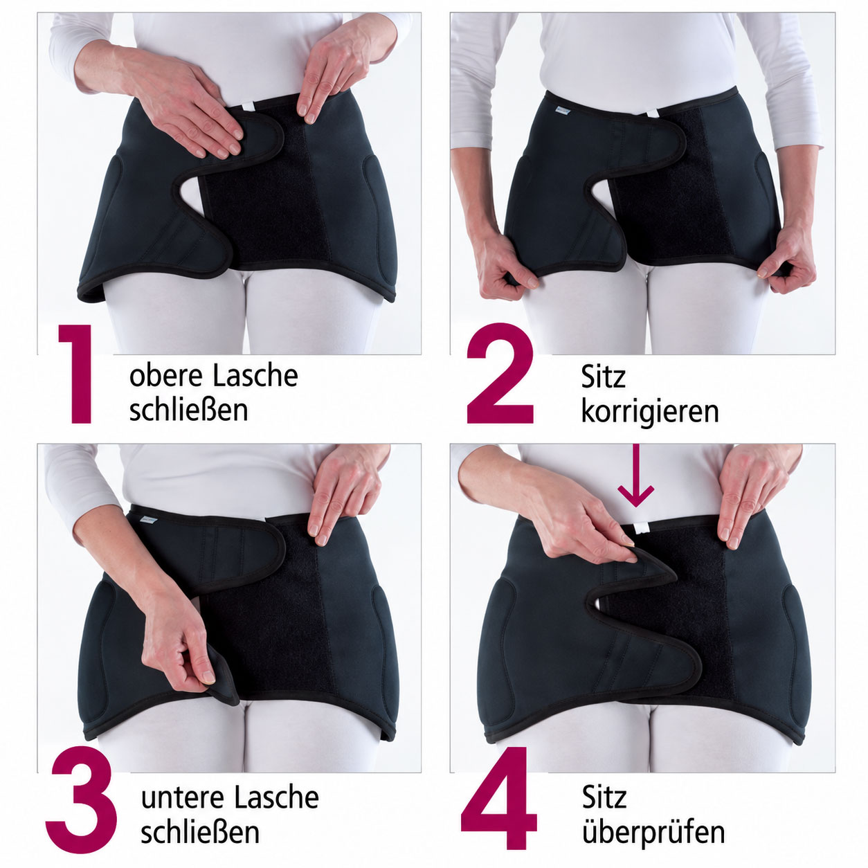Schwarzer Hüftgurt wird in vier Schritten angelegt. Anleitung: 1) Obere Lasche schließen, 2) Sitz korrigieren, 3) Untere Lasche schließen, 4) Sitz überprüfen.
