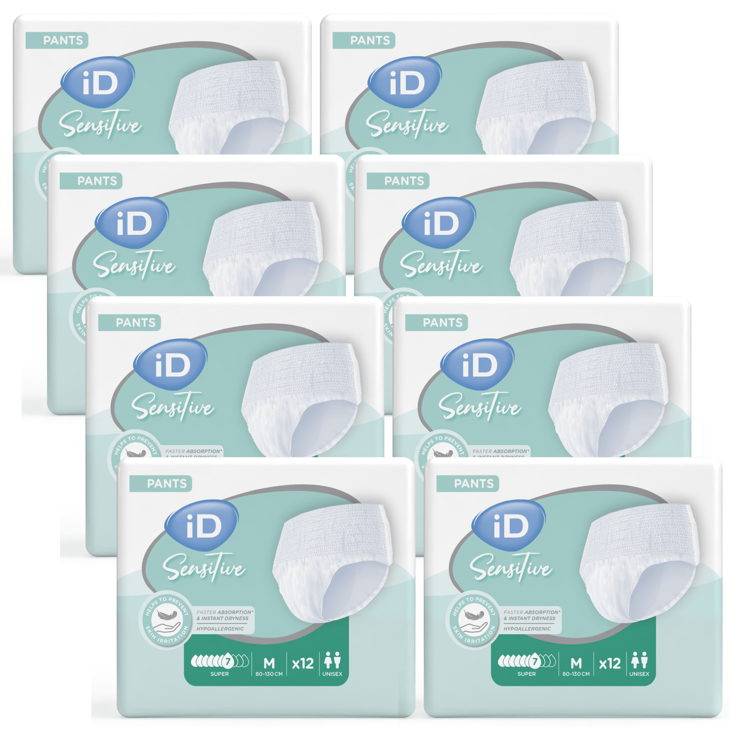 Mehrere Verpackungen von iD Sensitive Pants sind auf einer Oberfläche angeordnet. Jede Packung zeigt eine weiße Unterhose und enthält 12 Stück in der Größe M (80-130 cm).