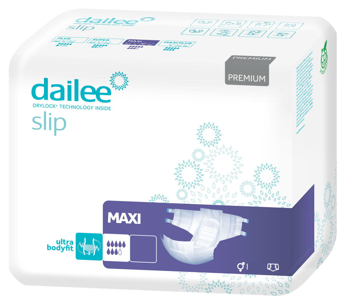 Dailee Slip Maxi Verpackung zeigt eine Packung mit einem weißen, schlichten Design und blauen Grafiken. Die Packung hebt die Technologien hervor und enthält Informationen zu Größe und Eigenschaften der Produkte.