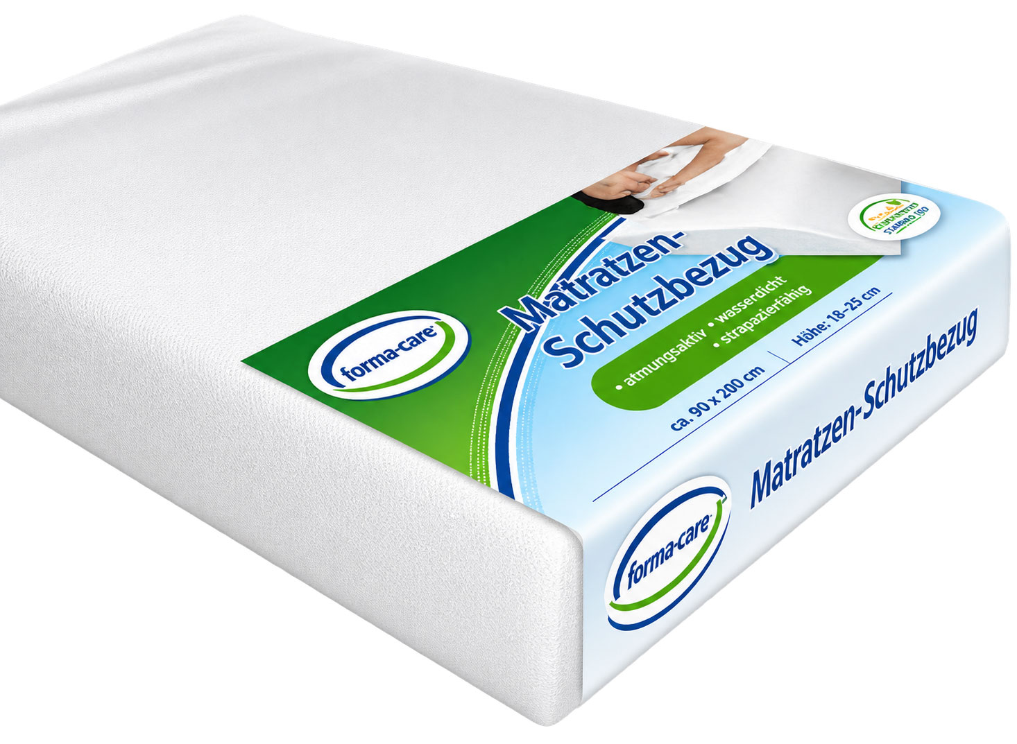 Ein Matratzenschutzbezug in Weiß, umhüllt eine Matratze. Auf der Verpackung steht -forma-care Matratzen-Schutzbezug- mit Informationen über atmungsaktive, wasserfeste und strapazierfähige Eigenschaften sowie Maße und Höhe.